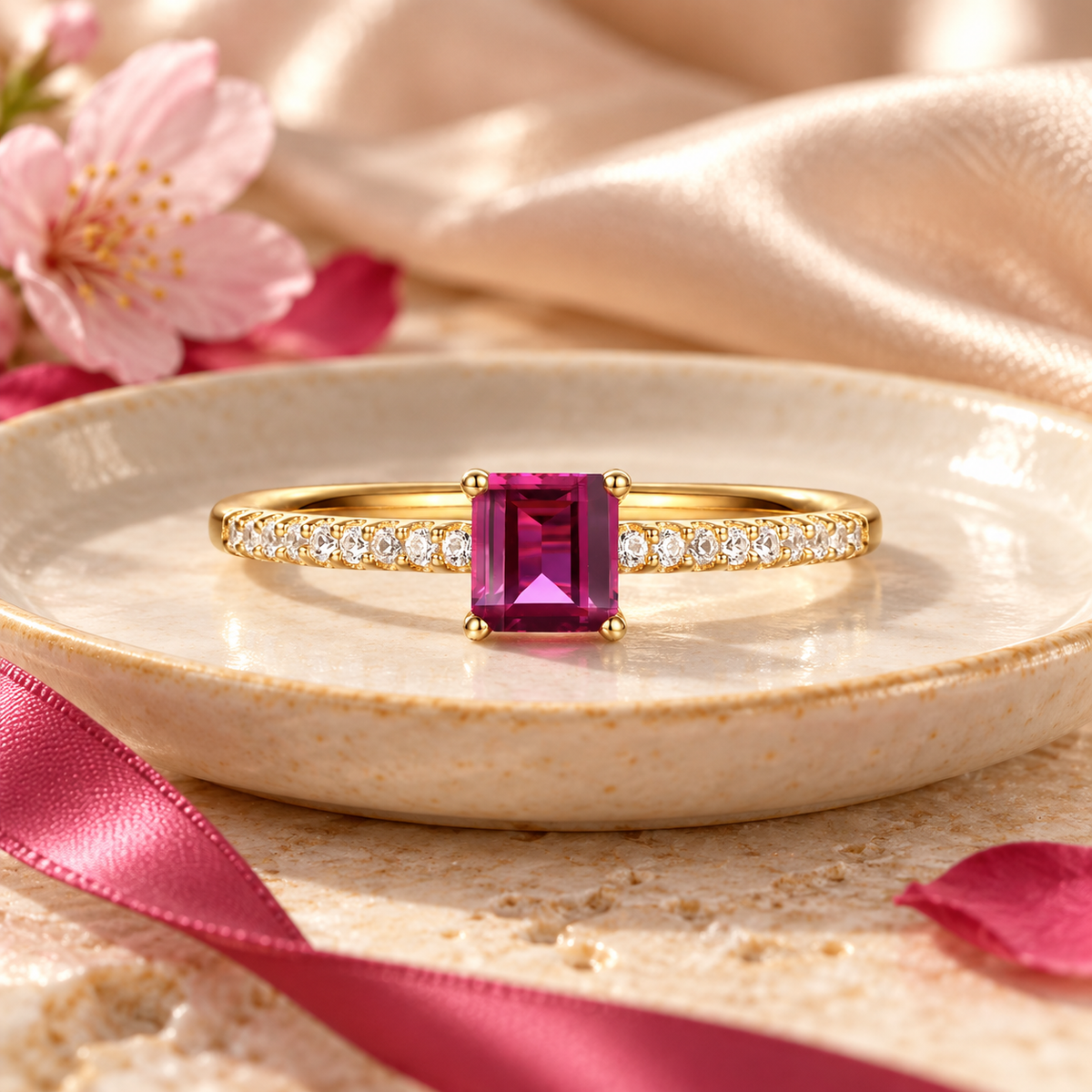 Sterling Silver Square Cut Gemstone and Diamond Accent Solitaire Ring - view 8