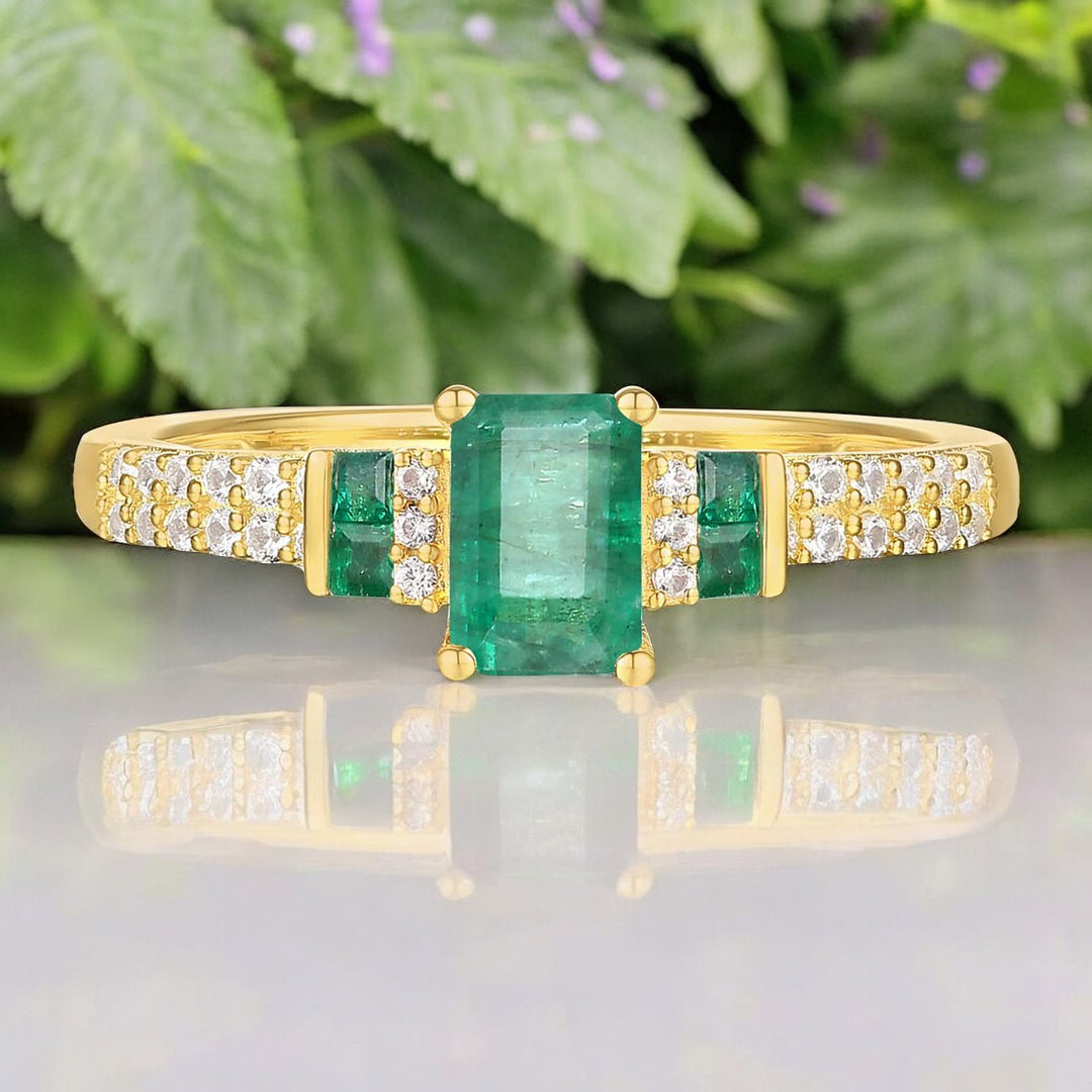 10K Genuine Gemstone & 1/6 ct tw Diamond Emerald Cut Ring