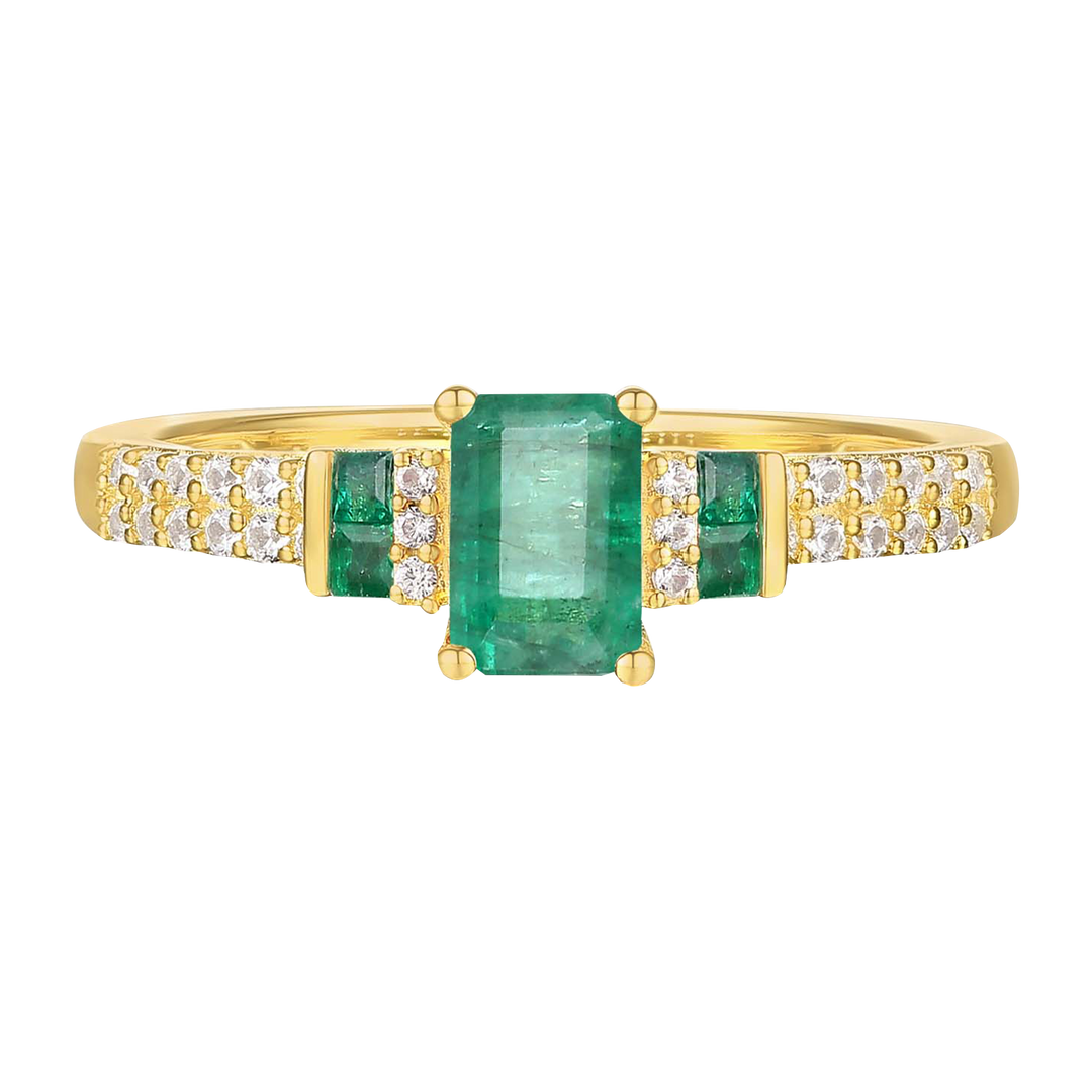 10K Genuine Gemstone & 1/6 ct tw Diamond Emerald Cut Ring