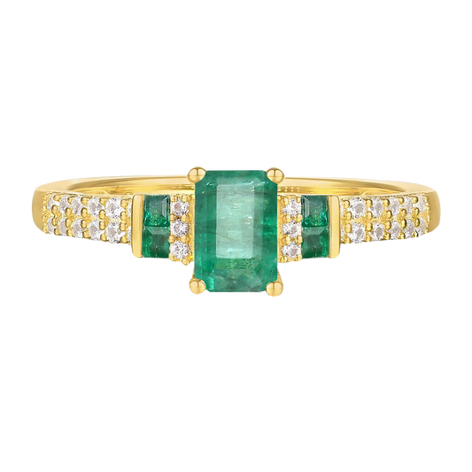 10K Genuine Gemstone & 1/6 ct tw Diamond Emerald Cut Ring