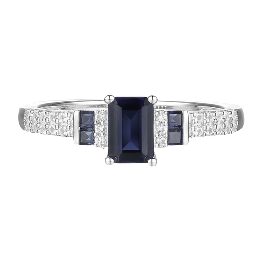 10K Genuine Gemstone & 1/6 ct tw Diamond Emerald Cut Ring