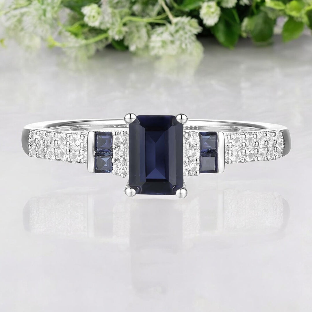 10K Genuine Gemstone & 1/6 ct tw Diamond Emerald Cut Ring