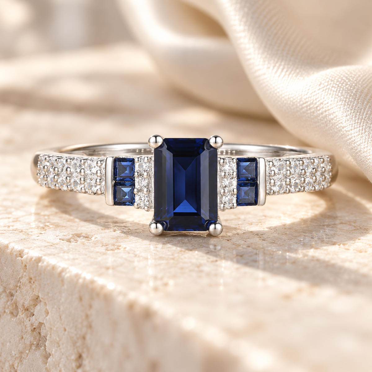 10K Genuine Gemstone & 1/6 ct tw Diamond Emerald Cut Ring