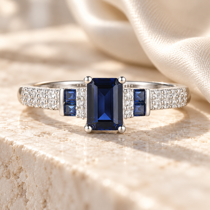 10K Genuine Gemstone & 1/6 ct tw Diamond Emerald Cut Ring