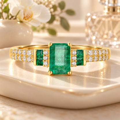 10K Genuine Gemstone & 1/6 ct tw Diamond Emerald Cut Ring