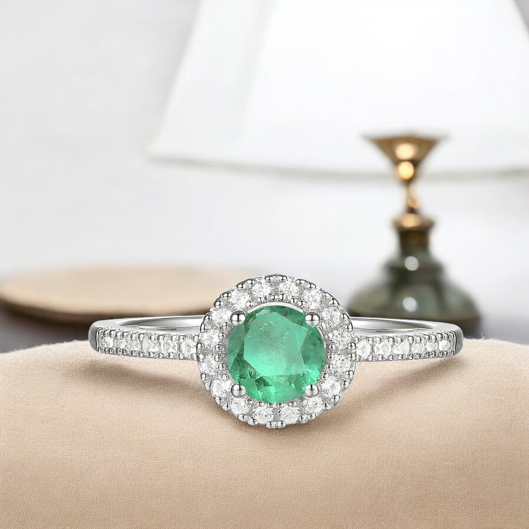 Genuine Emerald and Diamond Halo Ring in 14K White Gold