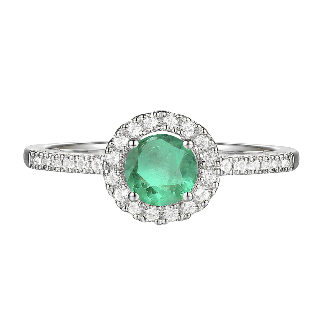 Genuine Emerald and Diamond Halo Ring in 14K White Gold