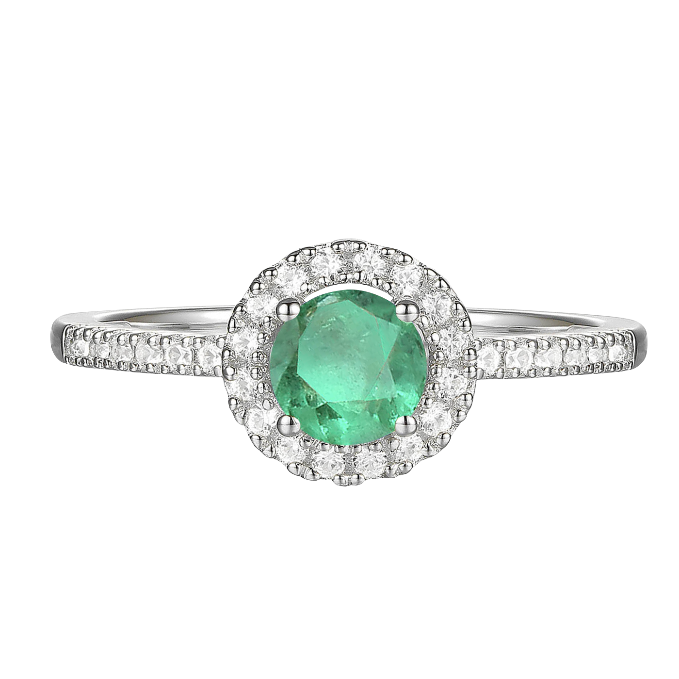 Genuine Emerald and Diamond Halo Ring in 14K White Gold