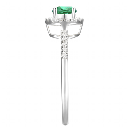 Genuine Emerald and Diamond Halo Ring in 14K White Gold