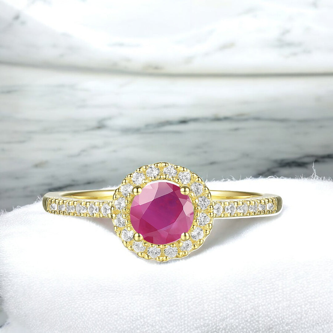 Genuine Ruby and Diamond Halo Ring in 14K Yellow Gold