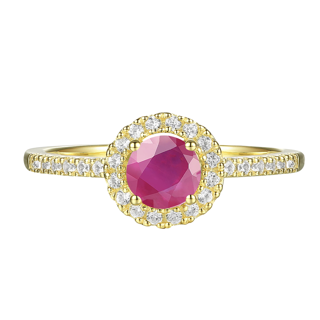 Genuine Ruby and Diamond Halo Ring in 14K Yellow Gold