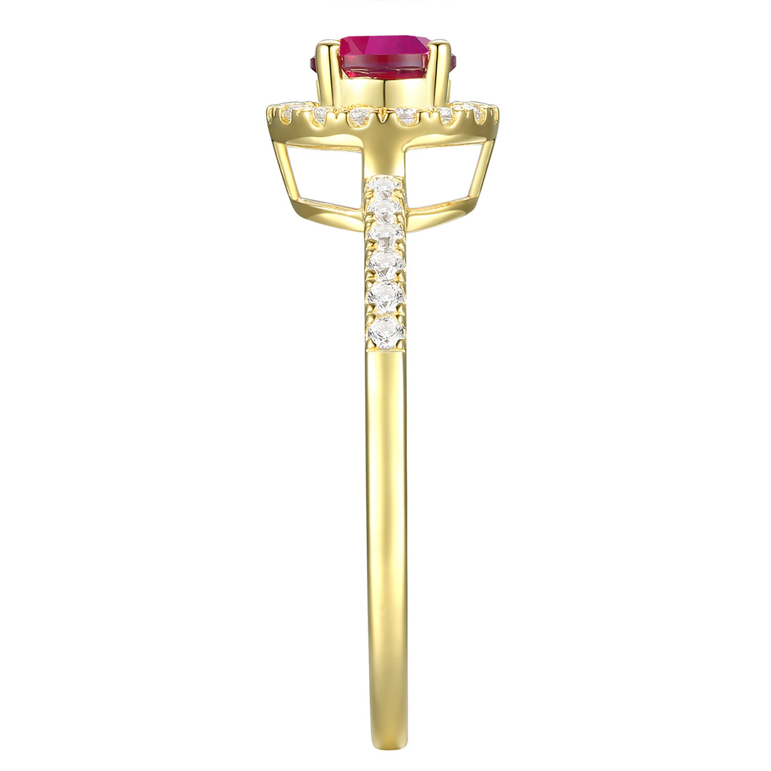 Genuine Ruby and Diamond Halo Ring in 14K Yellow Gold