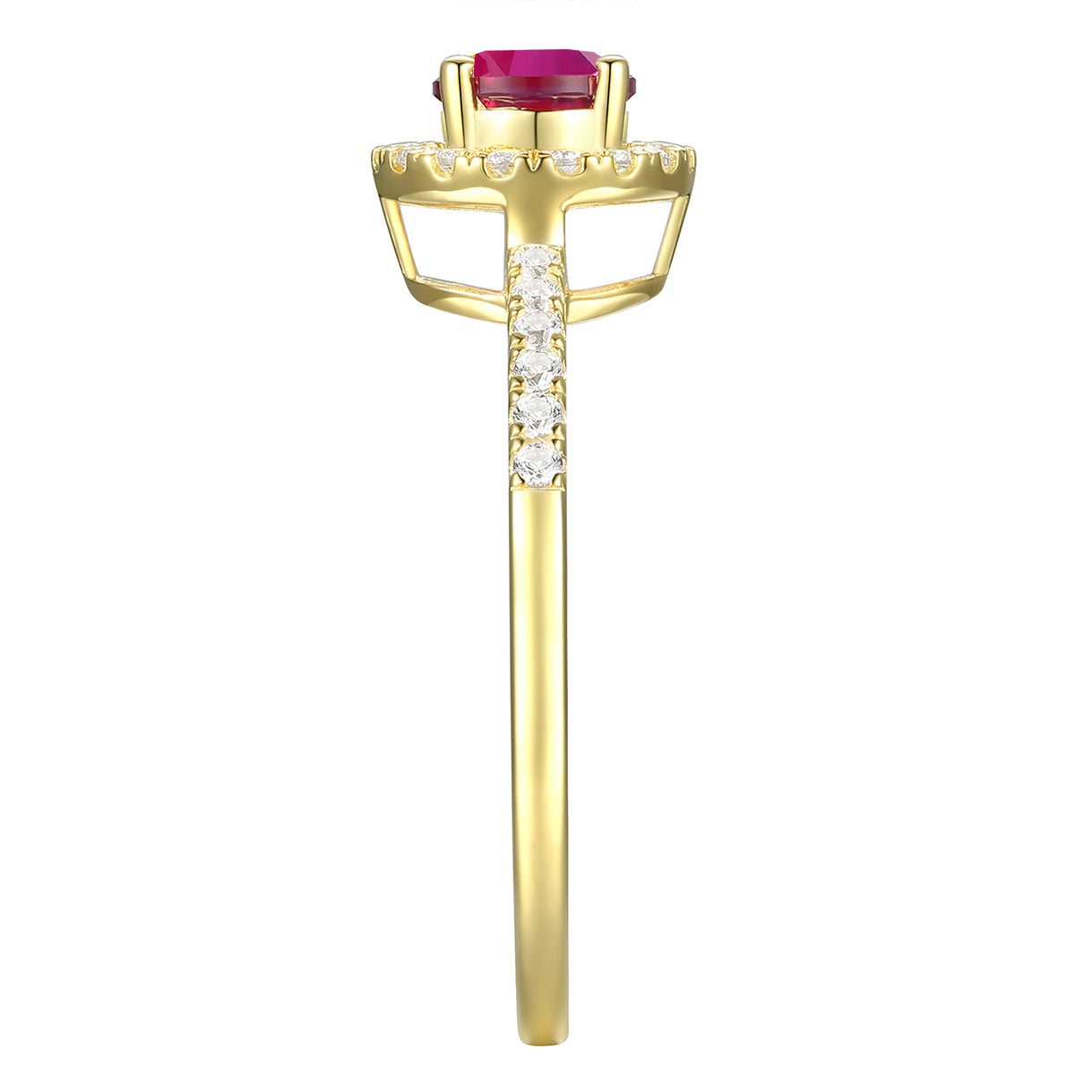 Genuine Ruby and Diamond Halo Ring in 14K Yellow Gold