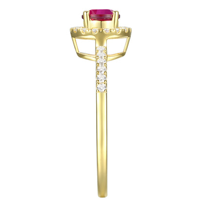 Genuine Ruby and Diamond Halo Ring in 14K Yellow Gold