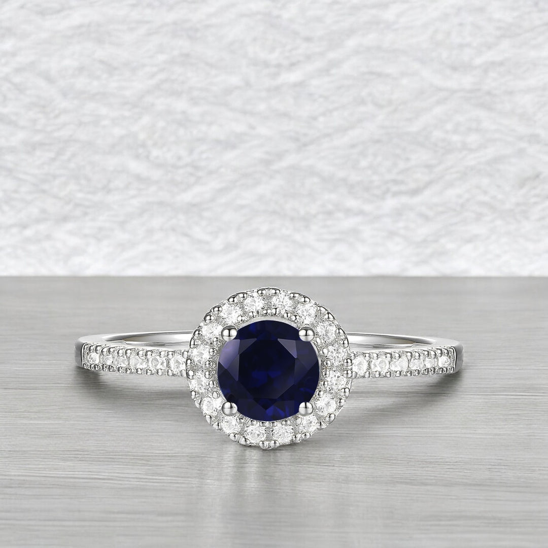 Genuine Sapphire and Diamond Halo Ring in 14K White Gold or White Gold