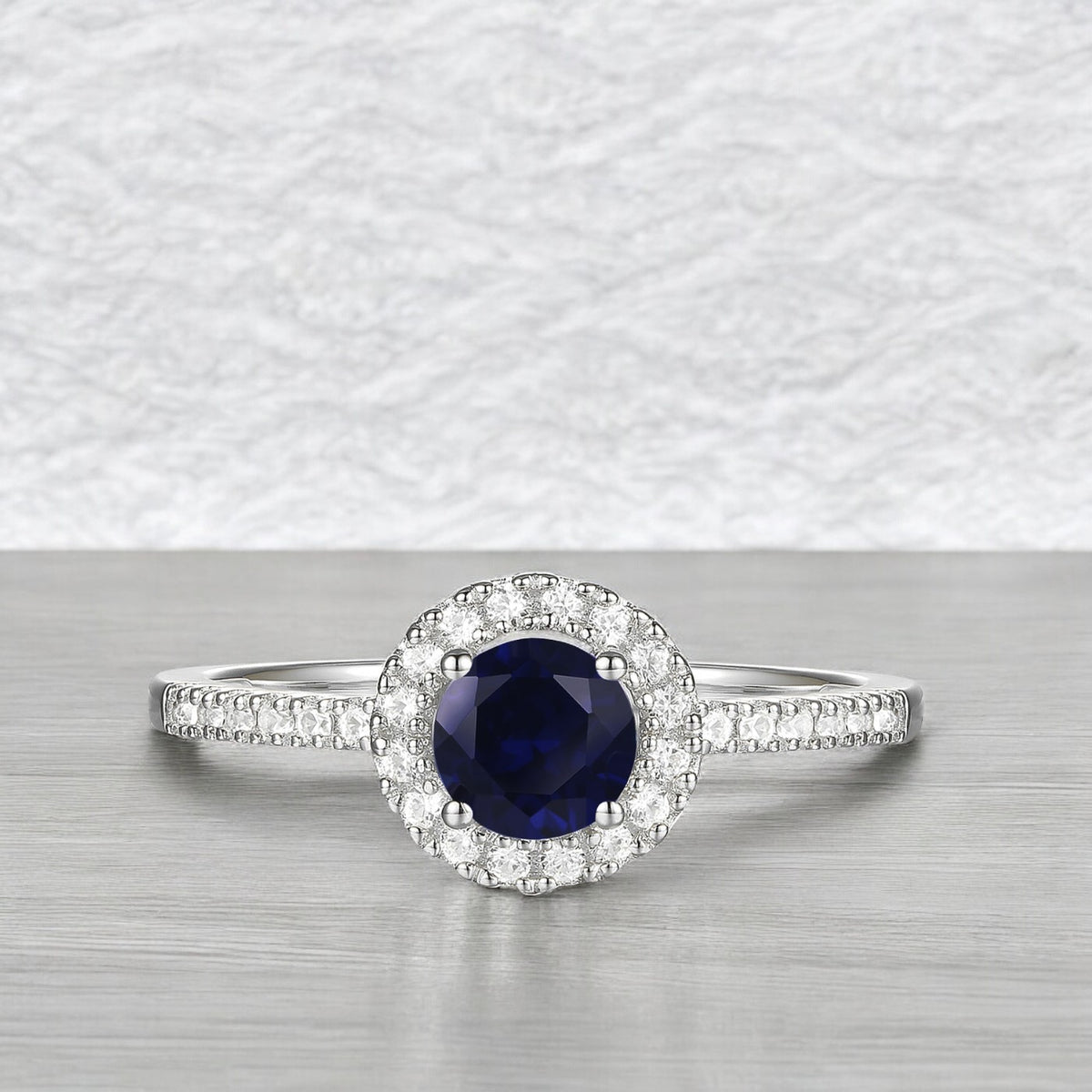 Genuine Sapphire and Diamond Halo Ring in 14K White Gold