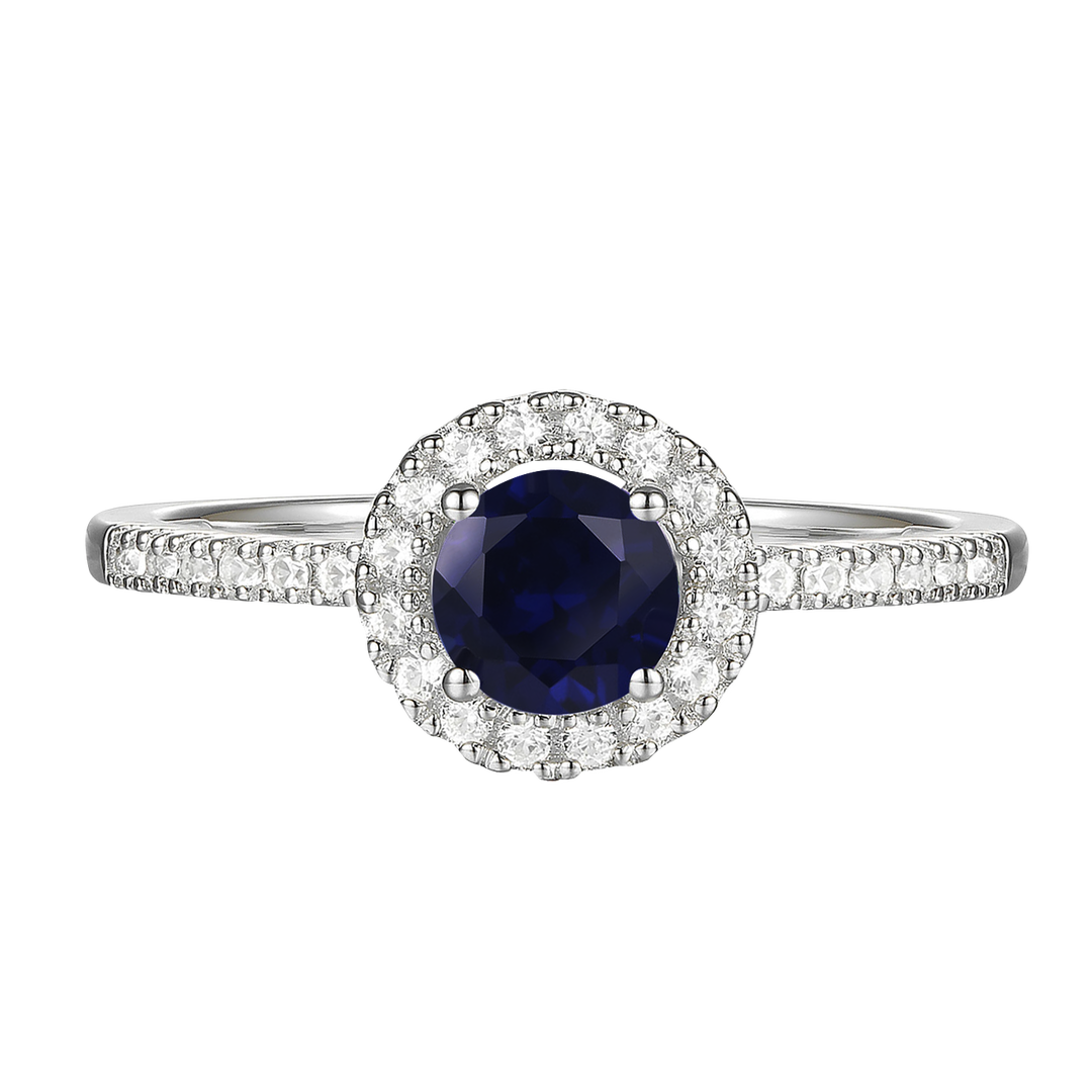 Genuine Sapphire and Diamond Halo Ring in 14K White Gold or White Gold