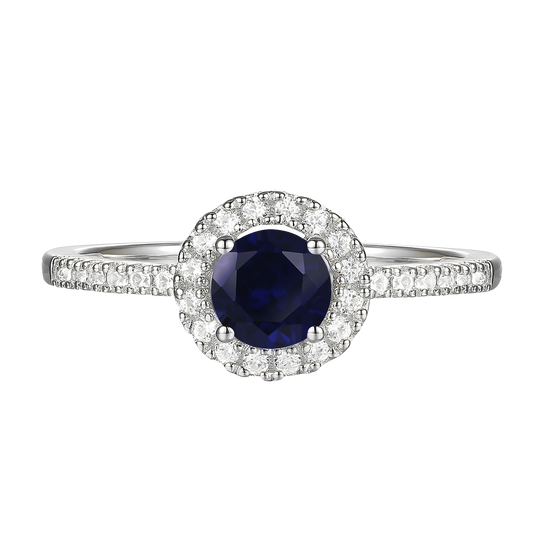 Genuine Sapphire and Diamond Halo Ring in 14K White Gold