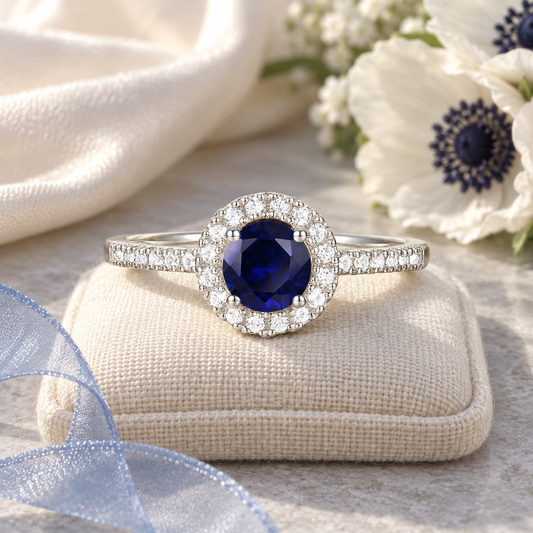 Genuine Sapphire and Diamond Halo Ring in 14K White Gold