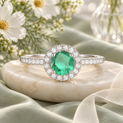 Genuine Emerald and Diamond Halo Ring in 14K White Gold