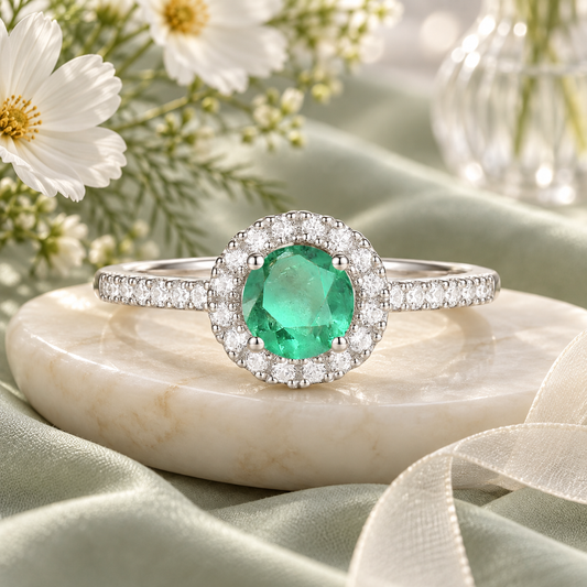 Genuine Emerald and Diamond Halo Ring in 14K White Gold