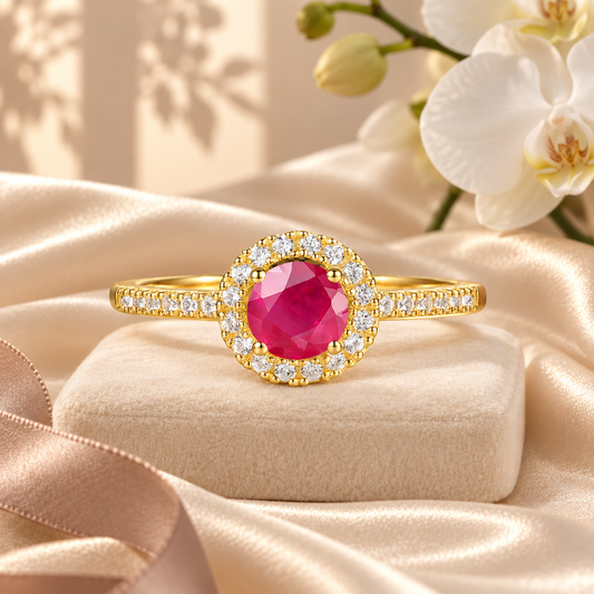 Genuine Ruby and Diamond Halo Ring in 14K Yellow Gold