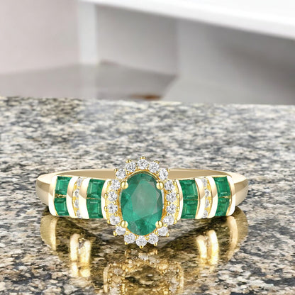 Elegant Genuine Emerald and Diamond Halo Ring in 14K Yellow Gold