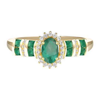 Elegant Genuine Emerald and Diamond Halo Ring in 14K Yellow Gold