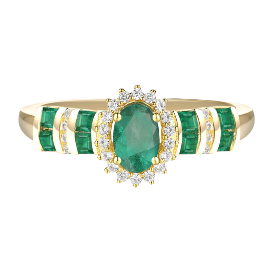 Elegant Genuine Emerald and Diamond Halo Ring in 14K Yellow Gold