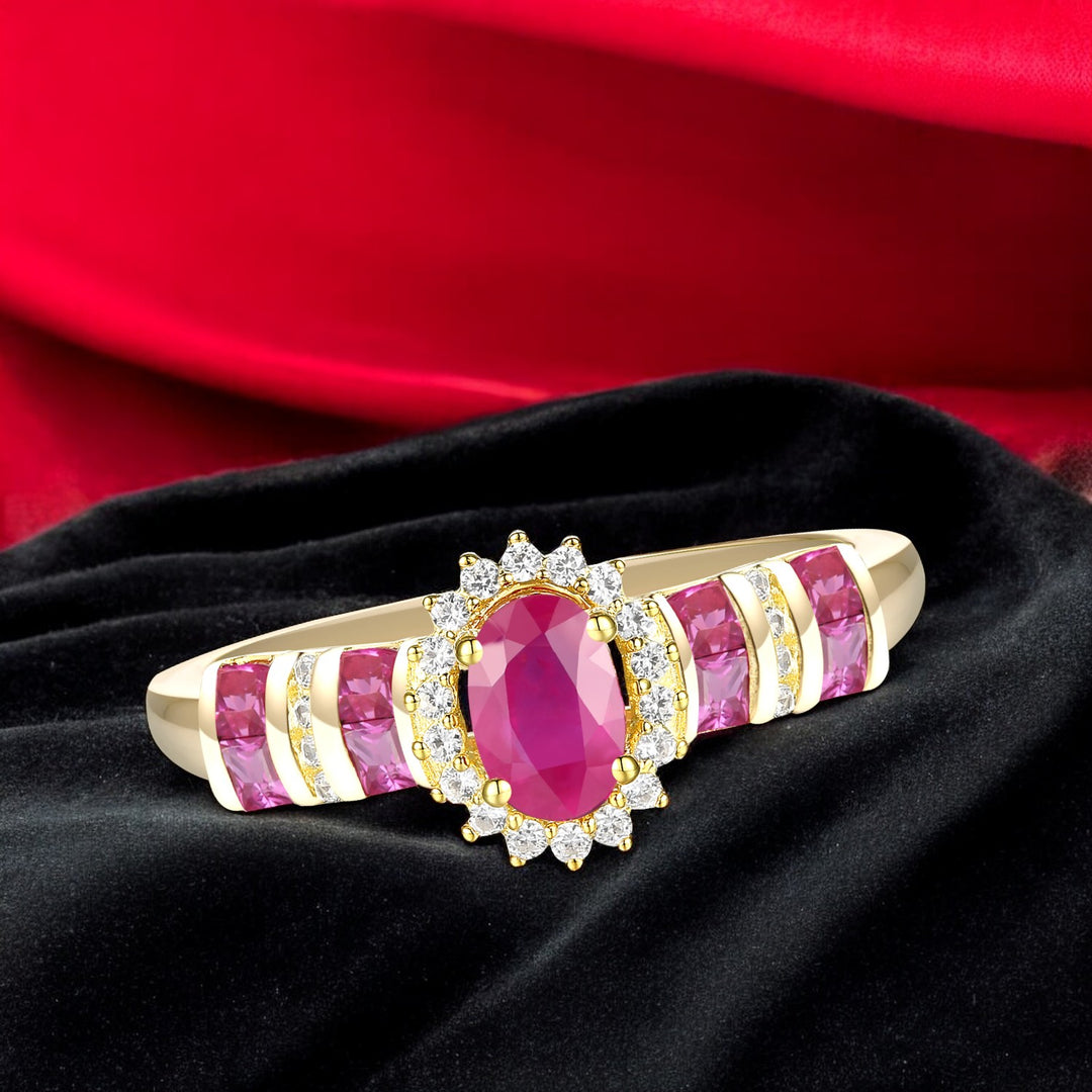 Elegant Genuine Ruby and Diamond Halo Ring in 14K Yellow Gold