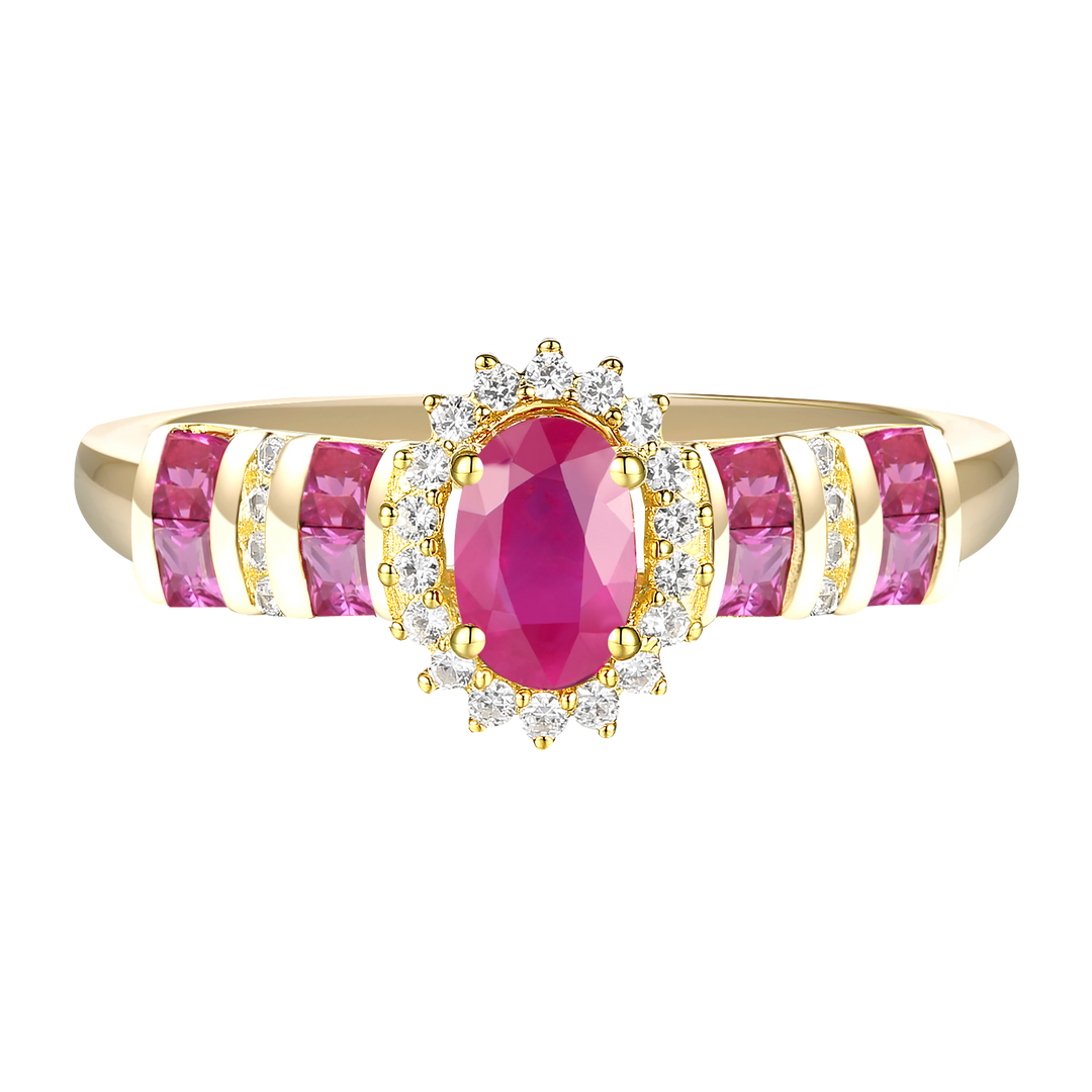 Elegant Genuine Ruby and Diamond Halo Ring in 14K Yellow Gold