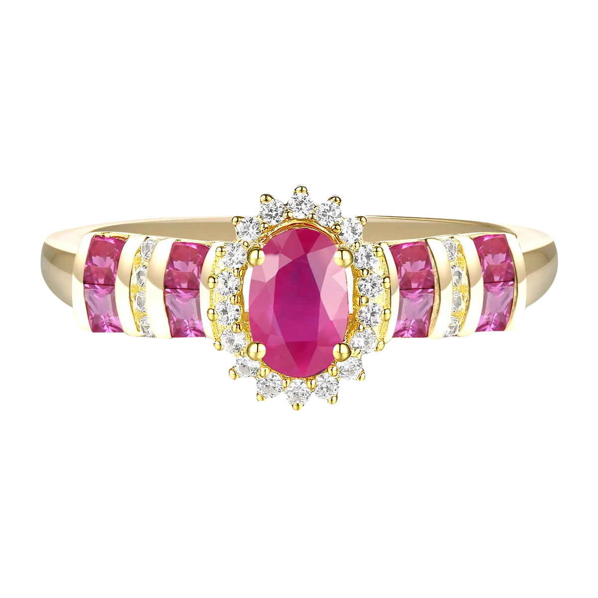 Elegant Genuine Ruby and Diamond Halo Ring in 14K Yellow Gold