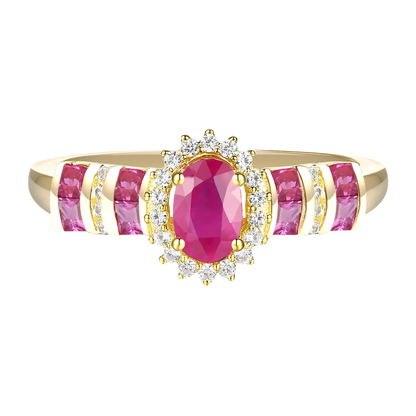 Elegant Genuine Ruby and Diamond Halo Ring in 14K Yellow Gold