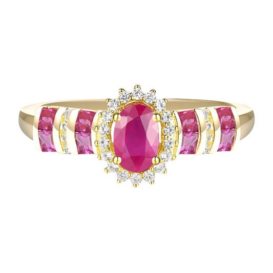 Elegant Genuine Ruby and Diamond Halo Ring in 14K Yellow Gold