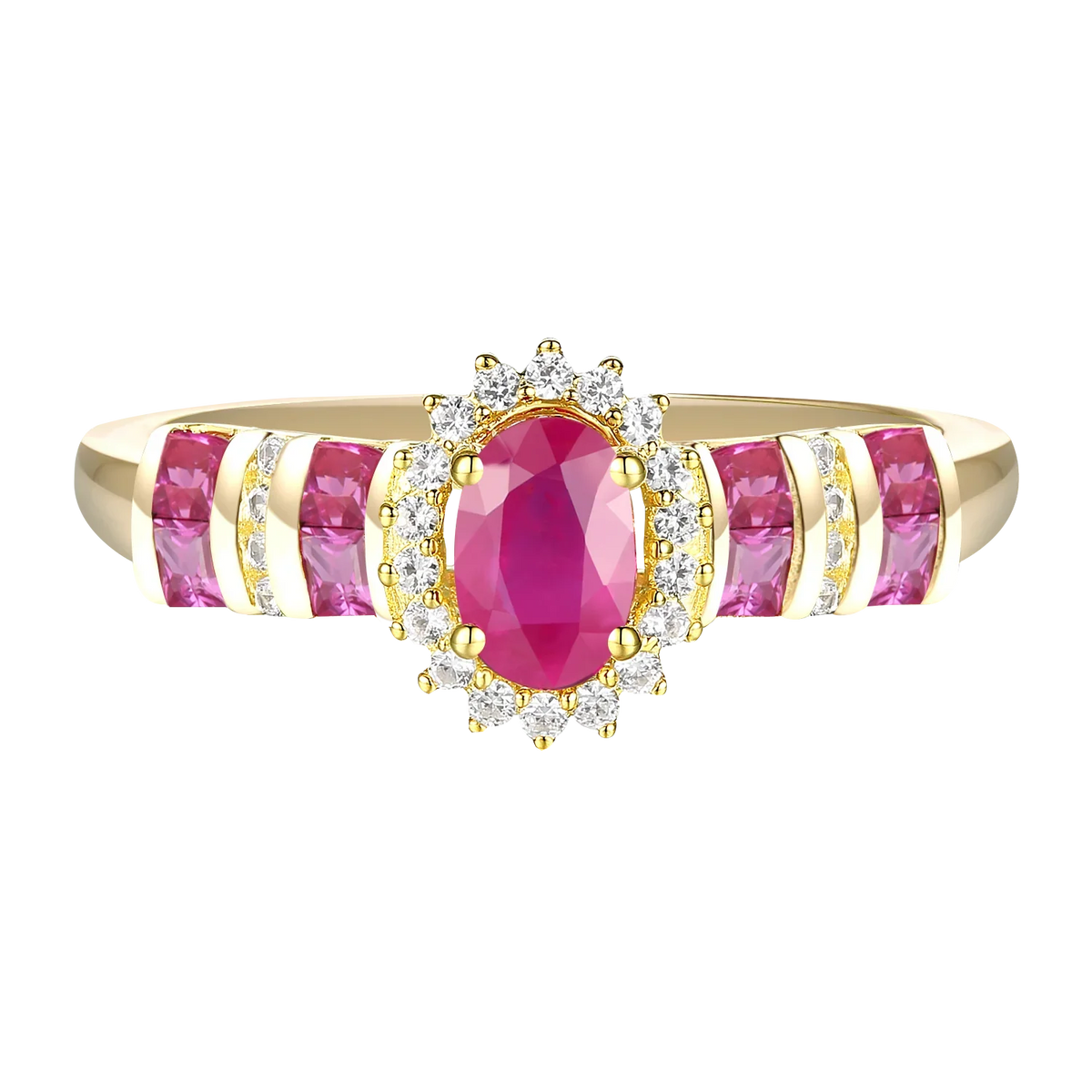 Elegant Genuine Ruby and Diamond Halo Ring in 14K Yellow Gold