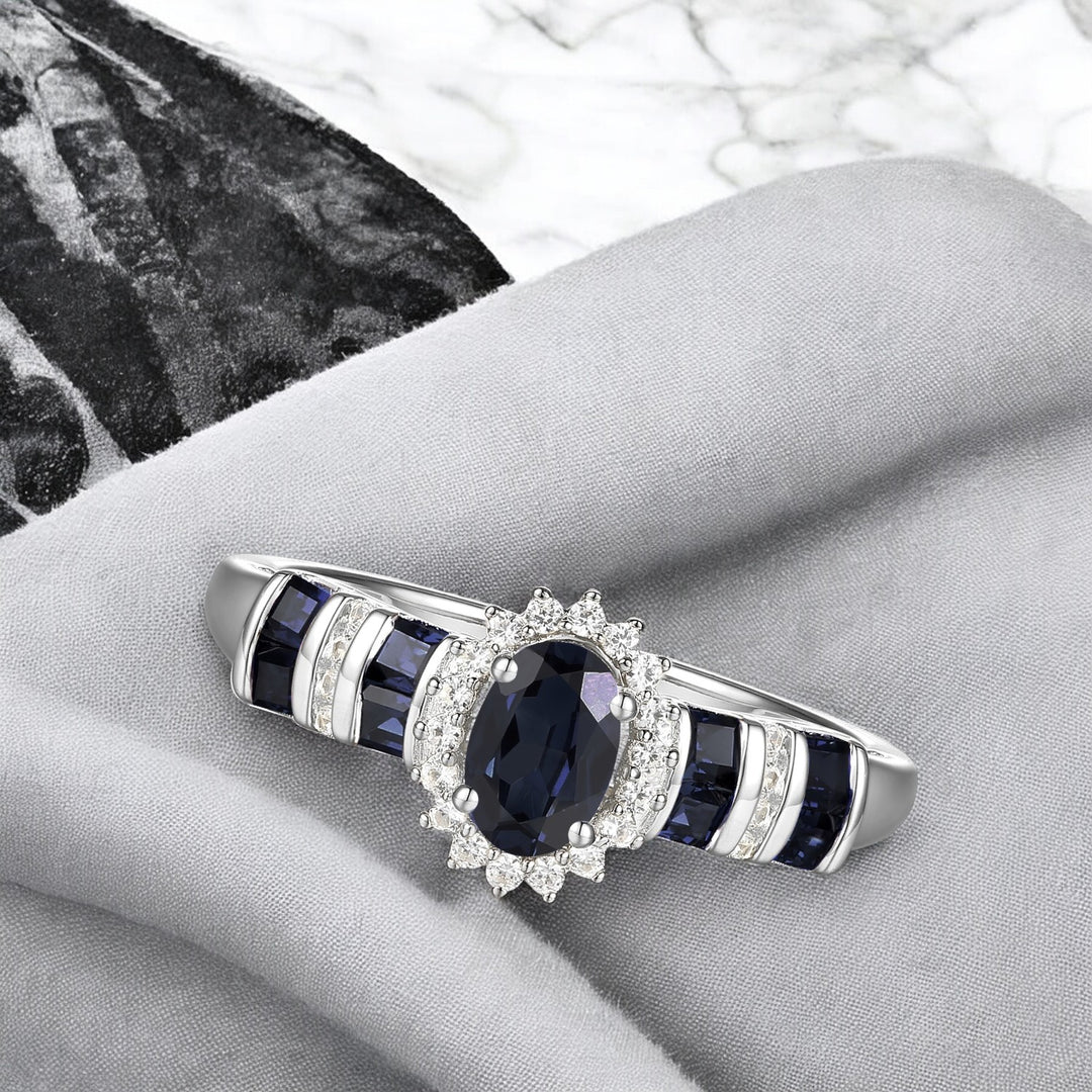 Elegant Genuine Sapphire and Diamond Halo Ring in 14K White Gold