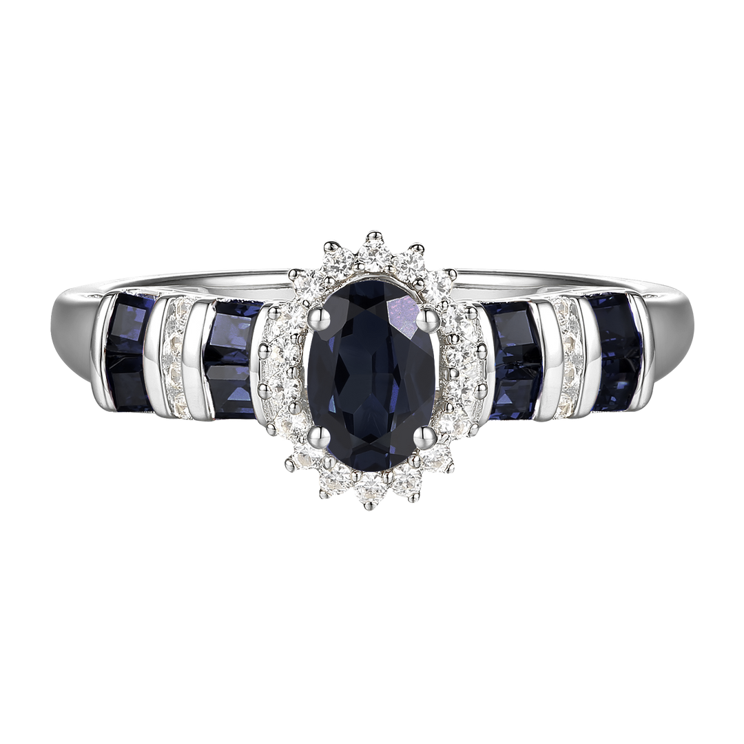 Elegant Genuine Sapphire and Diamond Halo Ring in 14K White Gold