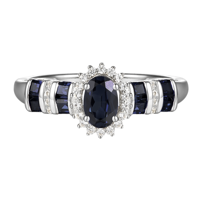 Elegant Genuine Sapphire and Diamond Halo Ring in 14K White Gold