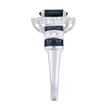 Elegant Genuine Sapphire and Diamond Halo Ring in 14K White Gold