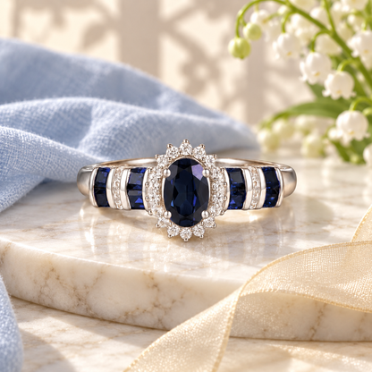 Elegant Genuine Sapphire and Diamond Halo Ring in 14K White Gold