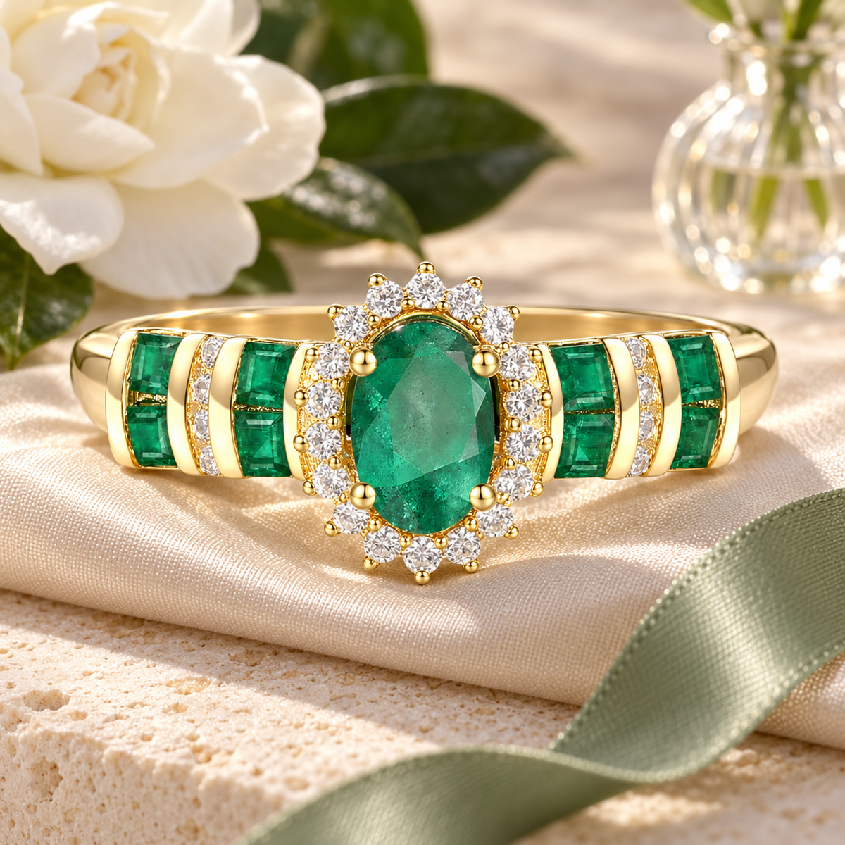 Elegant Genuine Emerald and Diamond Halo Ring in 14K Yellow Gold