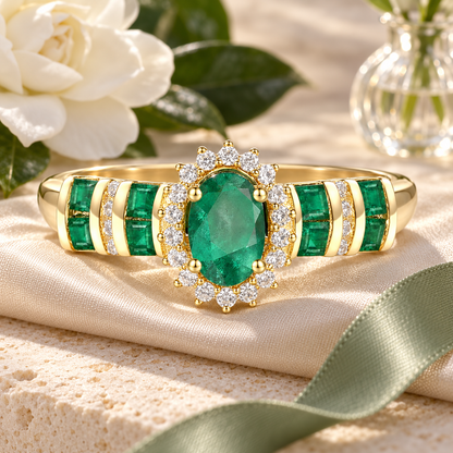 Elegant Genuine Emerald and Diamond Halo Ring in 14K Yellow Gold