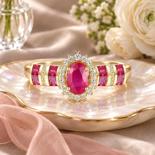 Elegant Genuine Ruby and Diamond Halo Ring in 14K Yellow Gold