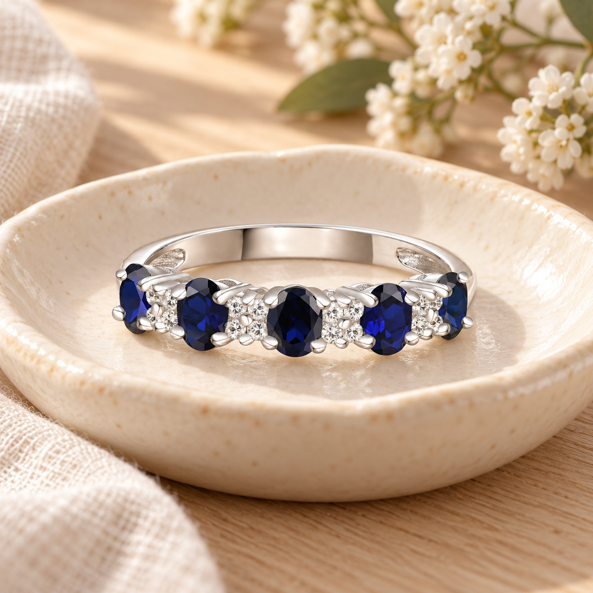 10K Genuine Gemstone & 1/10 ct tw Diamond Oval Alternating Band Ring