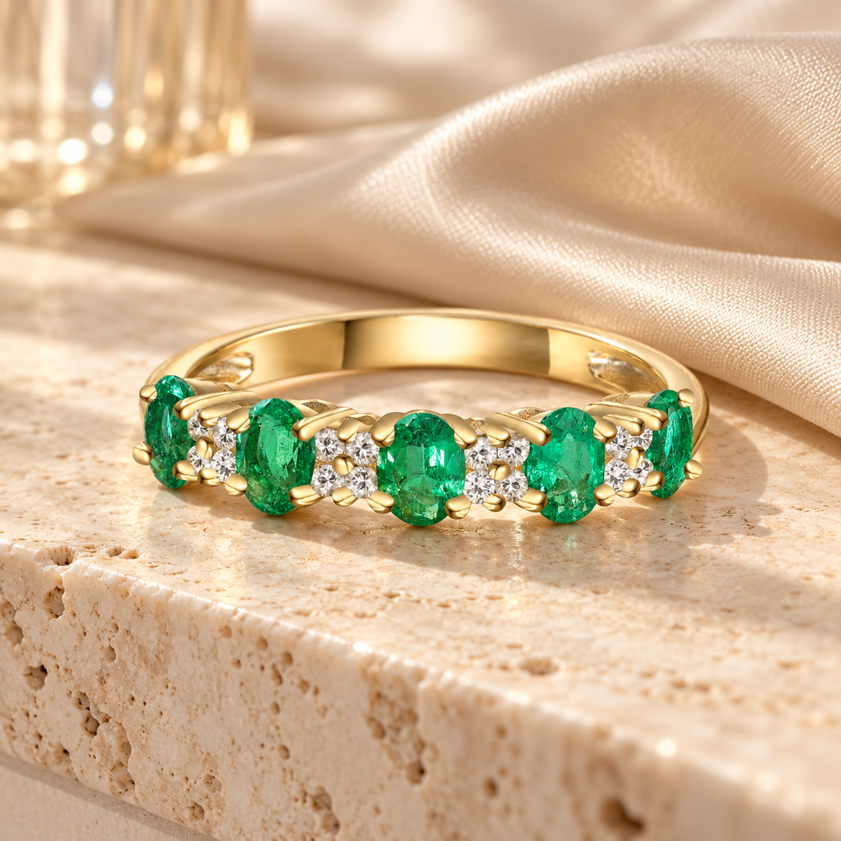 10K Genuine Gemstone & 1/10 ct tw Diamond Oval Alternating Band Ring