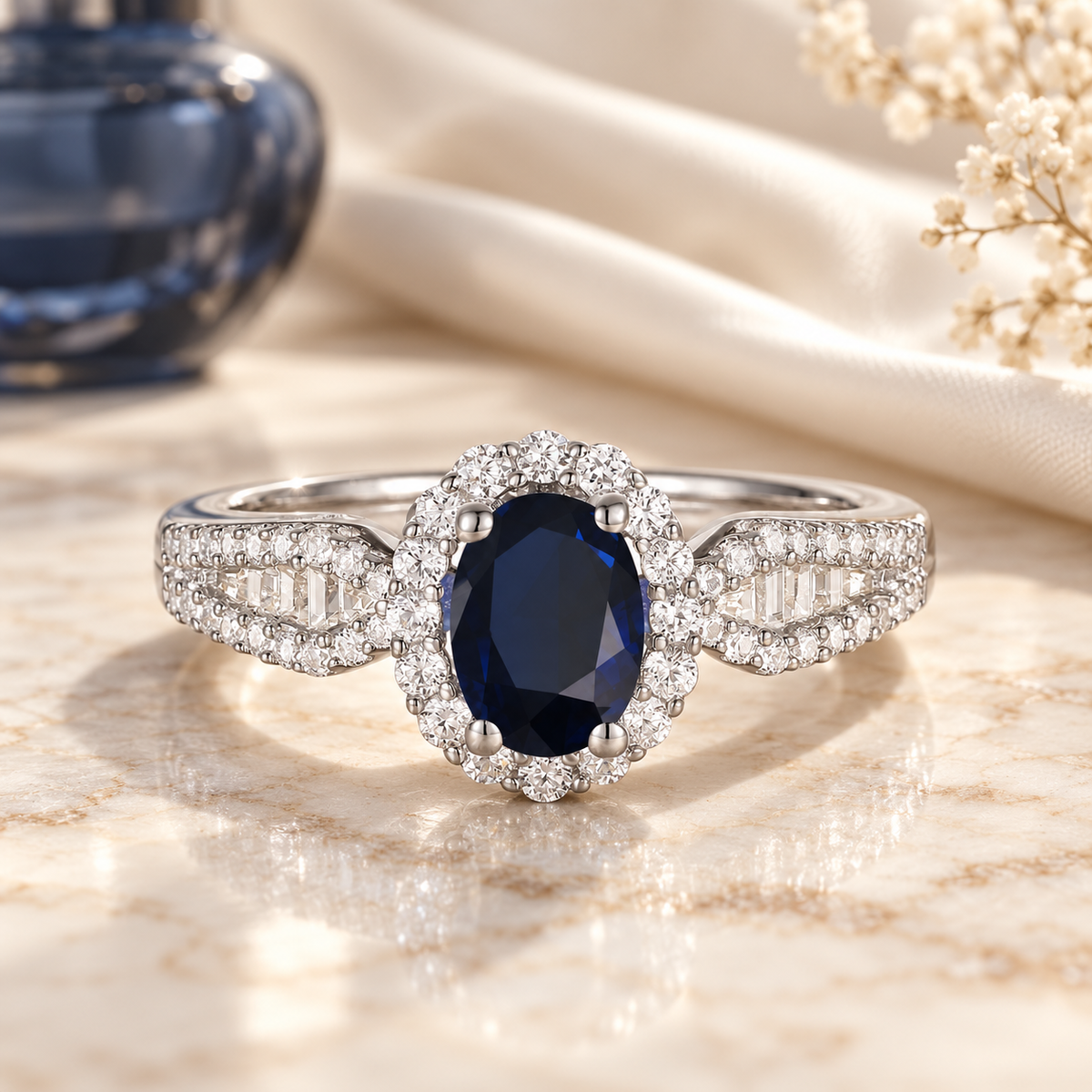 10K Genuine Gemstone & 3/8 ct tw Diamond Oval Halo Ring