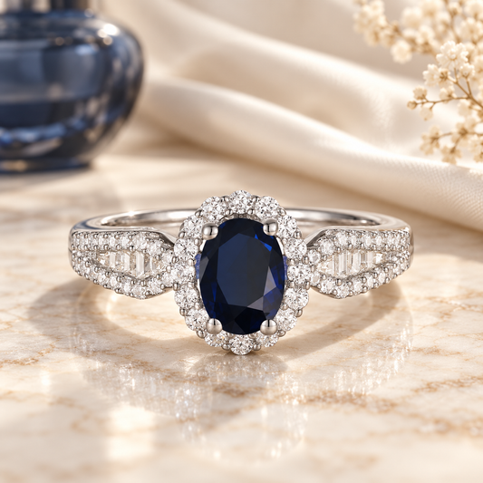 10K Genuine Gemstone & 3/8 ct tw Diamond Oval Halo Ring