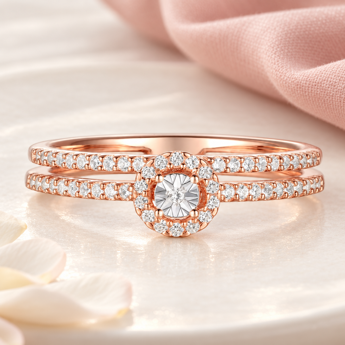 Diamond Double Band Ring - 59 Natural Diamonds in 14K Rose Gold-Plated Sterling Silver (1/4 cttw) - view 5