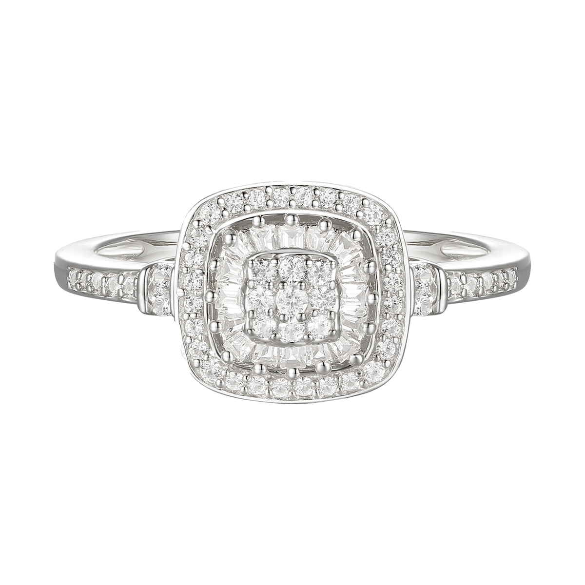 Diamond Cushion Shape Ring, Round and Baguette Diamond, 67 Natural Diamond Stones, 14K Rose Gold-plated Sterling Silver/14K Gold-plated Sterling Silver/Sterling Silver (1/4 cttw, I-J, I2-I3)