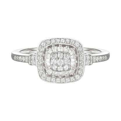 Diamond Cushion Shape Ring, Round and Baguette Diamond, 67 Natural Diamond Stones, 14K Rose Gold-plated Sterling Silver/14K Gold-plated Sterling Silver/Sterling Silver (1/4 cttw, I-J, I2-I3)